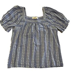 Loft Blue Denim/Linen Style Puff Sleeve Embroidered Blouse Size Medium